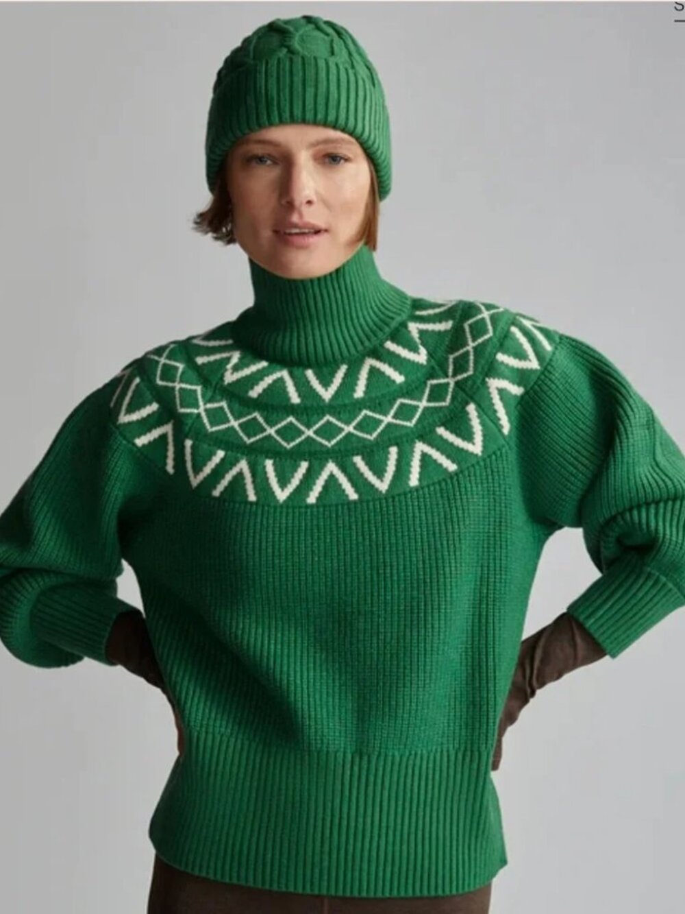 Varley Marcie Fair Isle Yoke Verdant Green Turtleneck Relaxed Fit Sweater S